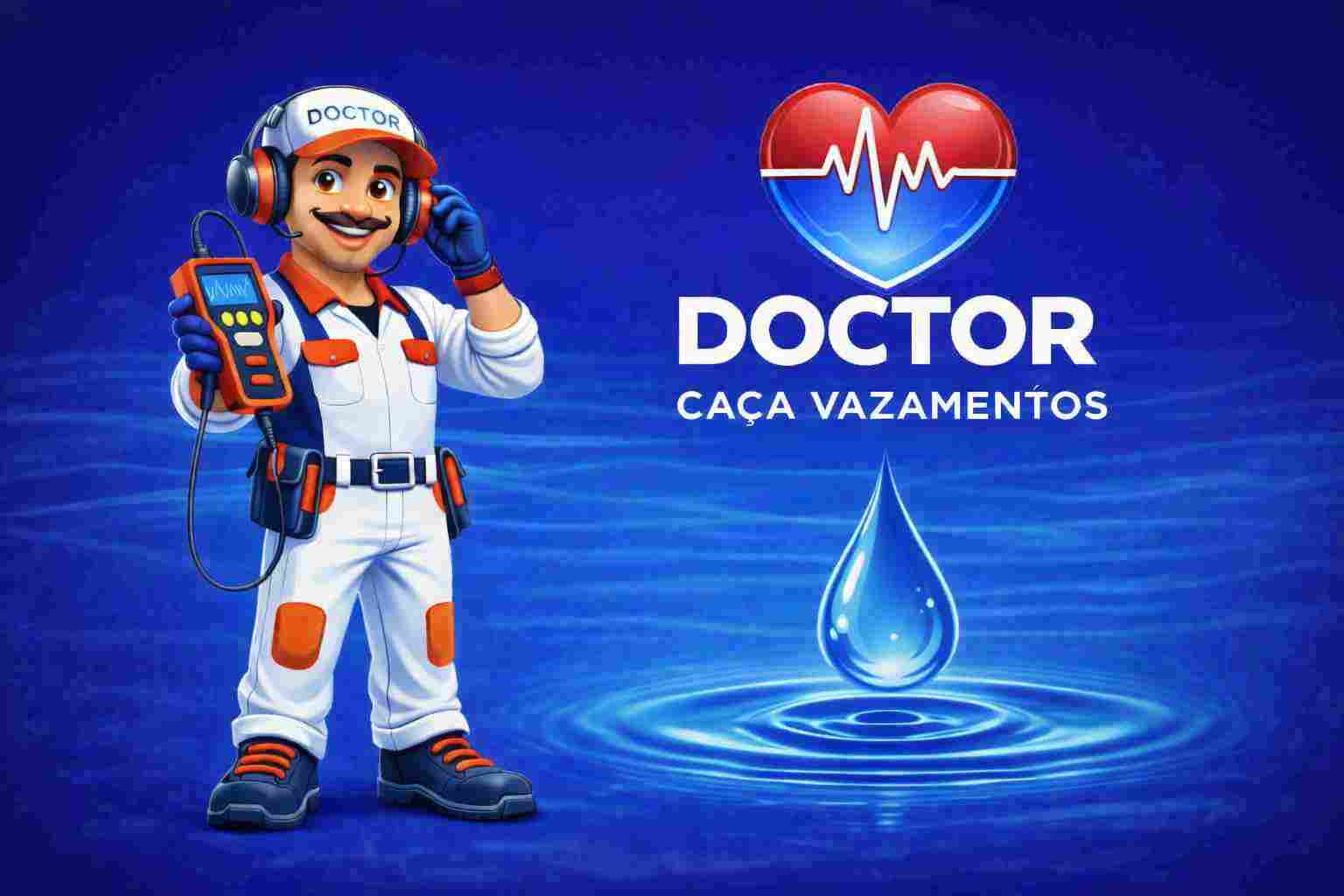 Doctor Caça Vazamento Background - coração vazando água e o personagem doctor identificando e tratando